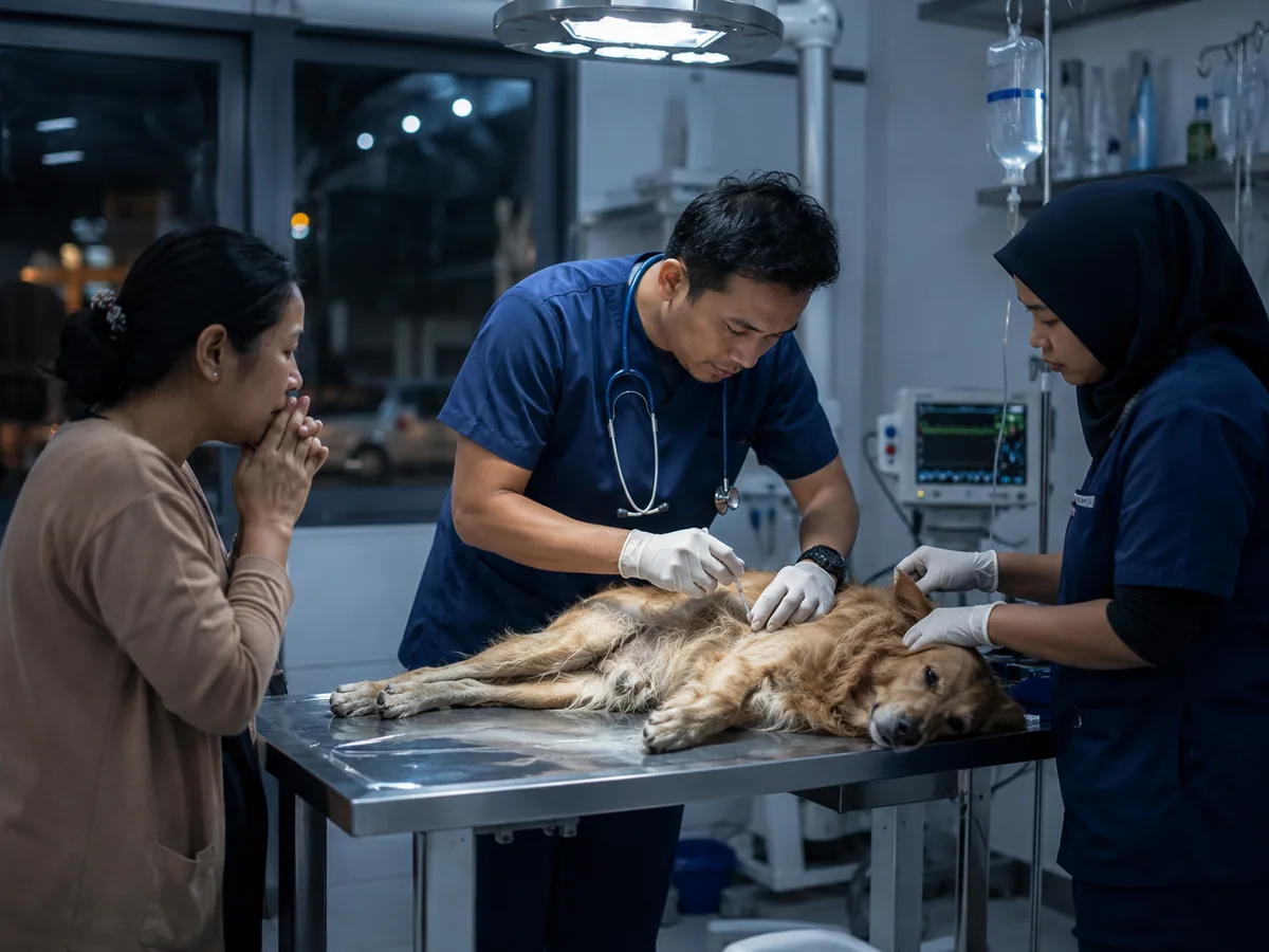 Emergency veterinary team treating a dog at night in Indonesia