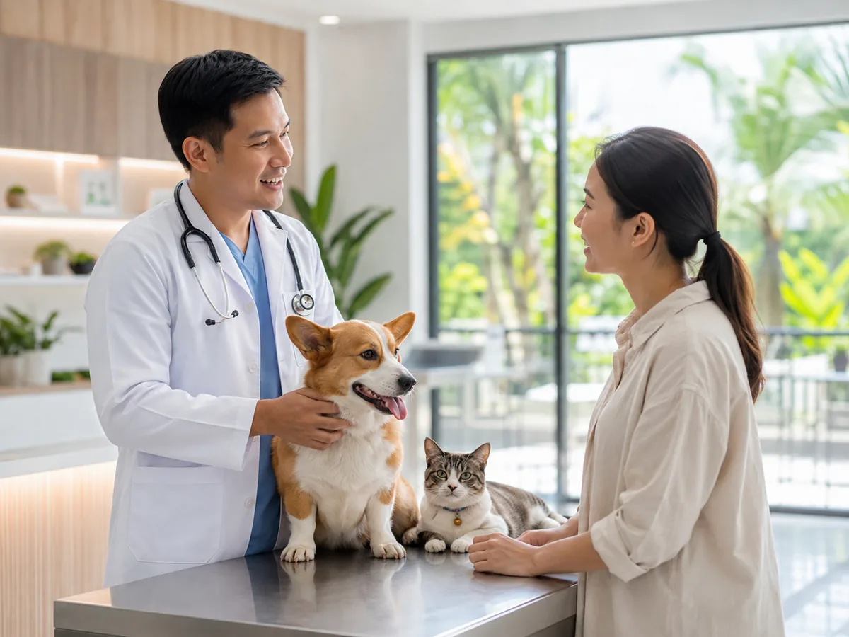 Veterinarian caring for a dog and cat in a modern clinic in Indonesia