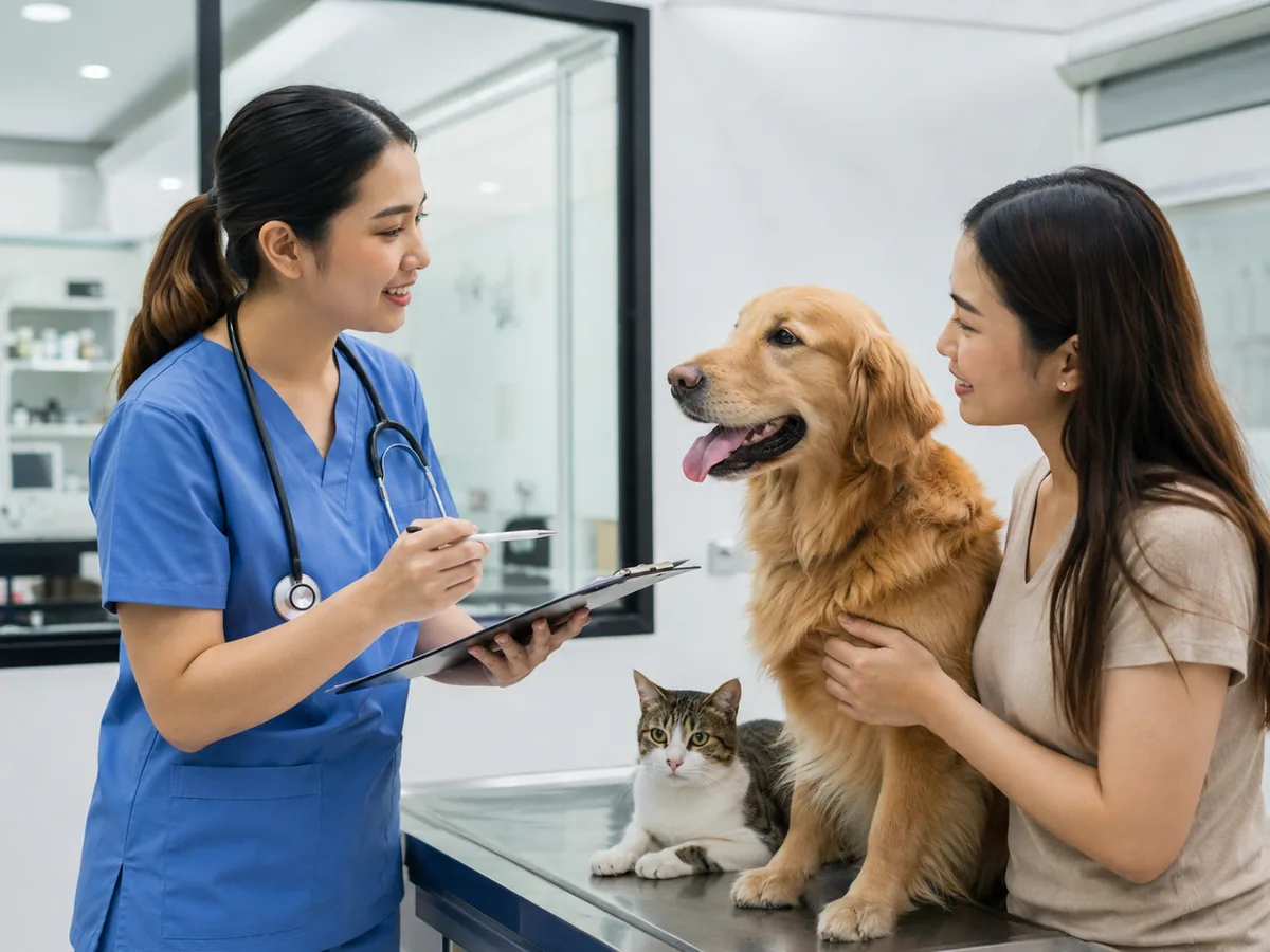 Veterinarian giving pet care guidance to an owner
