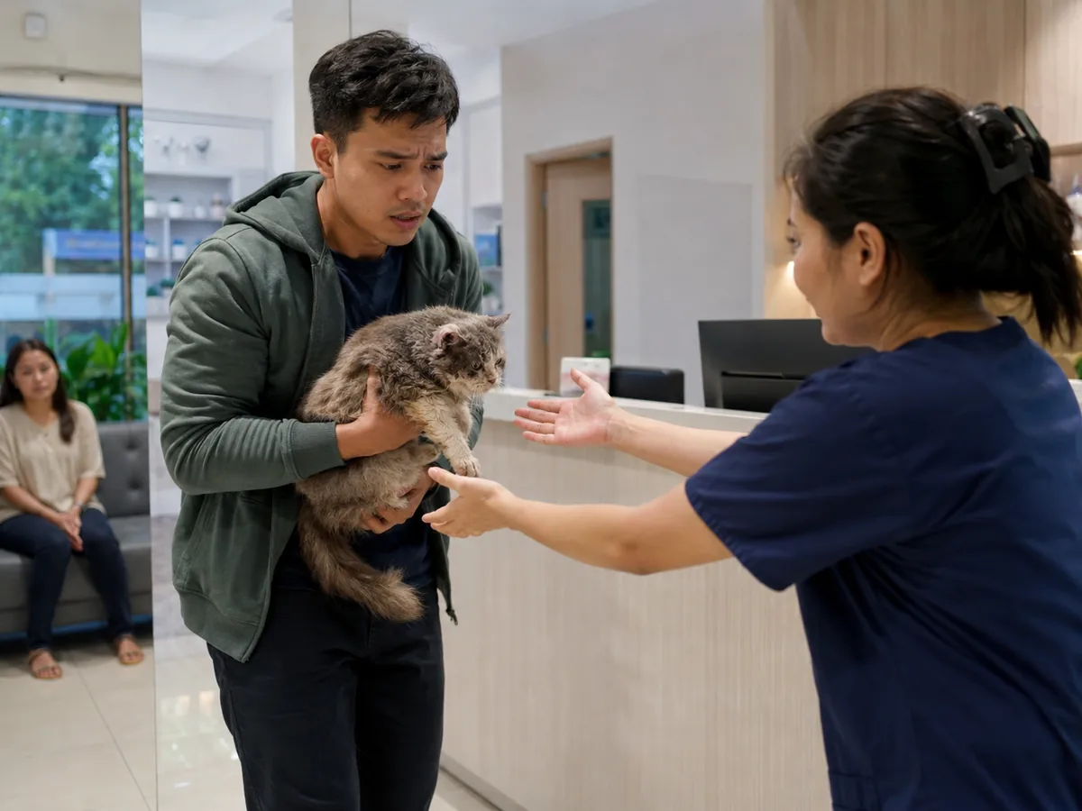 Pet owner arriving at a veterinary clinic with a sick cat