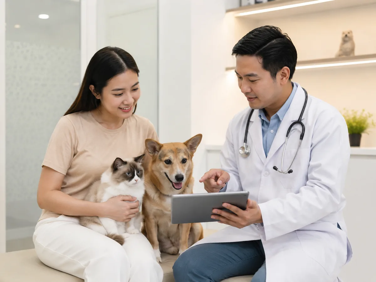 Veterinarian reviewing pet health information with an owner
