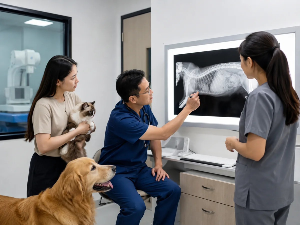 Veterinary team reviewing pet diagnostic imaging in a clinic