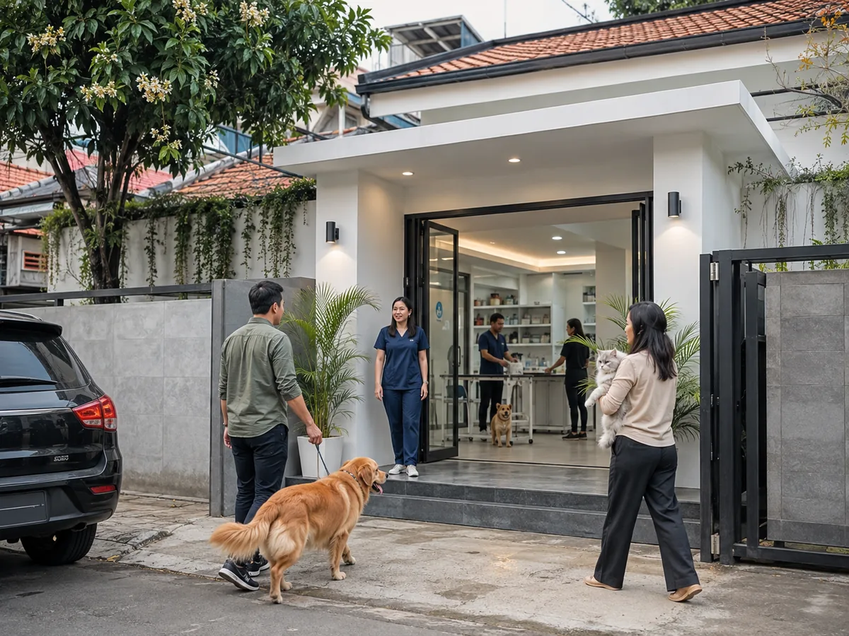 Modern veterinary clinic entrance in Indonesia with pet owners arriving