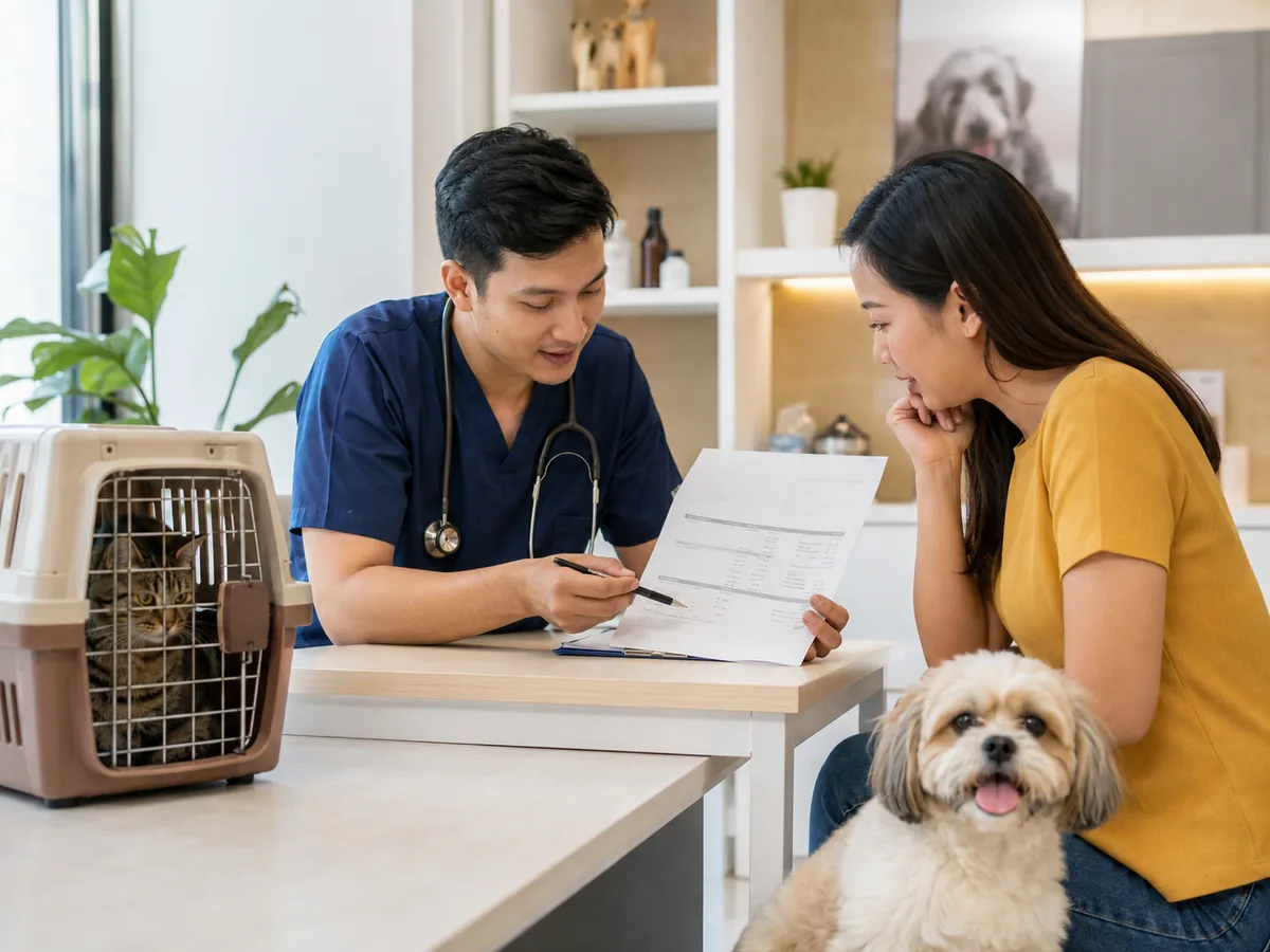 Veterinarian explaining veterinary costs and treatment options to a pet owner